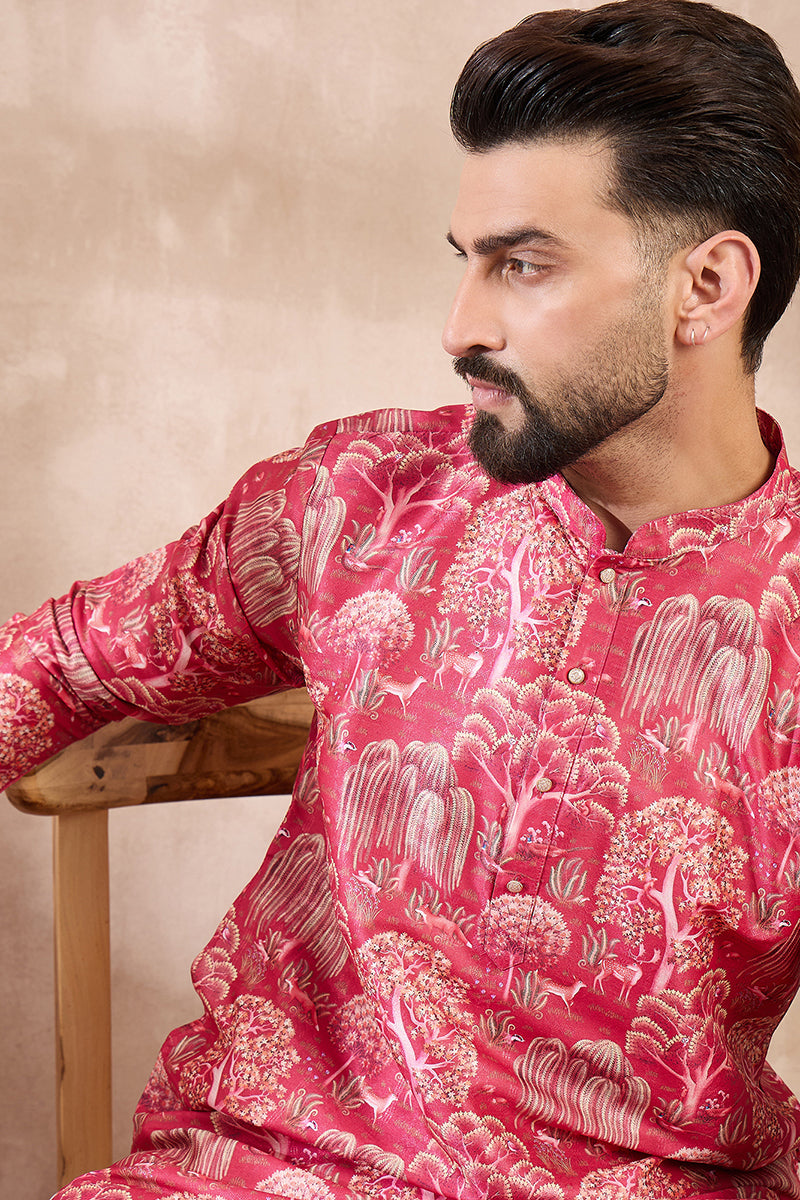Pink Silk Blend Abstract Printed Straight Kurta For Men | SHOBITAM