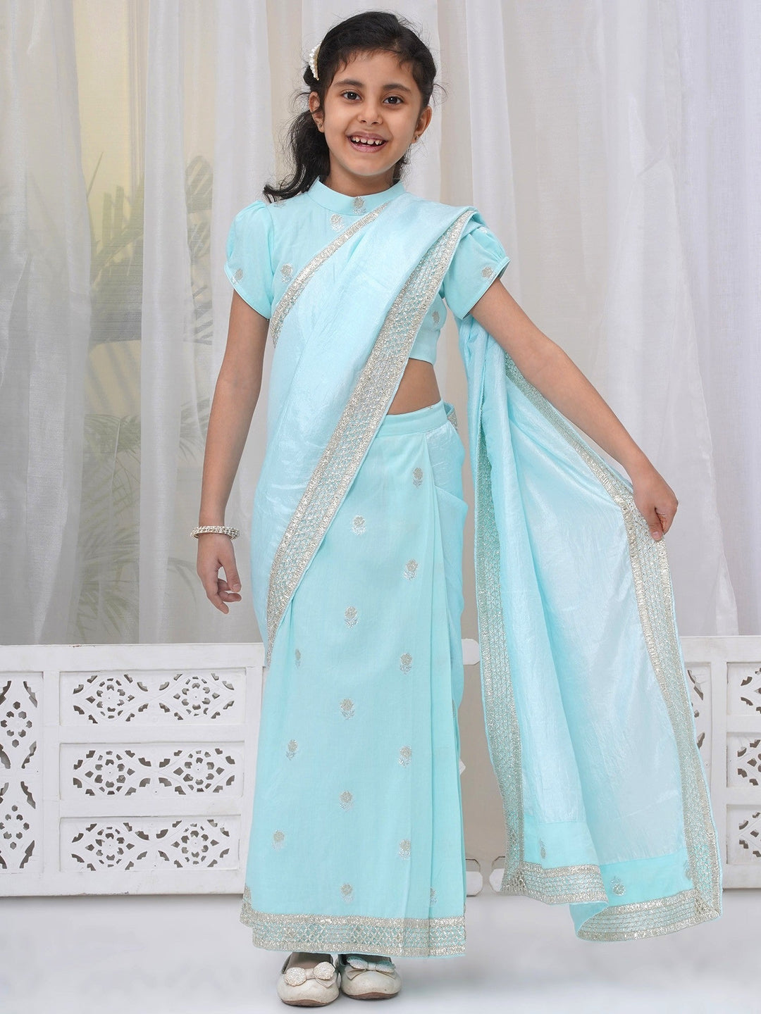 Girls Cotton Puff Sleeves Rose Embroidery Ready to wear Blouse with Ready to wear Chanderi Saree - Sky Blue | SHOBITAM