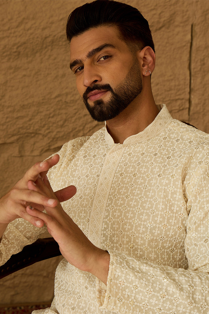 Off White Cotton Solid Printed Straight Kurta | SHOBITAM