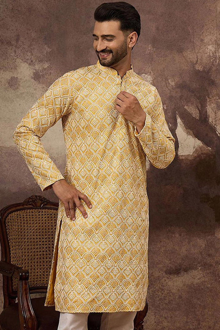 Yellow Viscose Rayon Solid Embroidered Straight Kurta with Trouser  | SHOBITAM