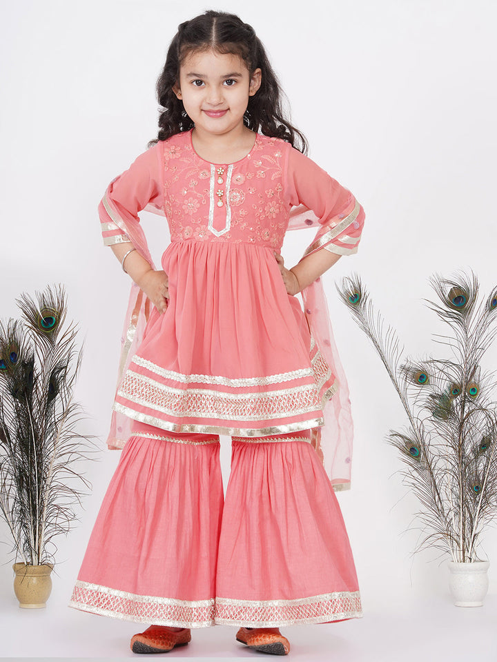 Girls jaipuri Lacework and Gotta Patti work Kurta frock with Sharara and Dupatta | SHOBITAM