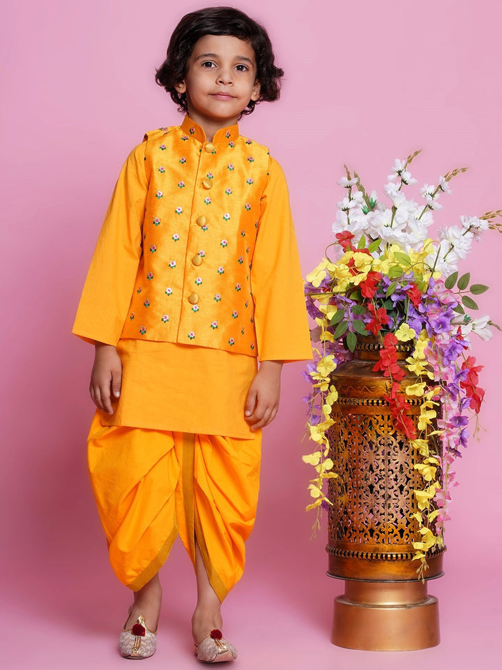 Choti Buti Floral Bundi Jacket with Dhoti Kurta - Yellow | SHOBITAM