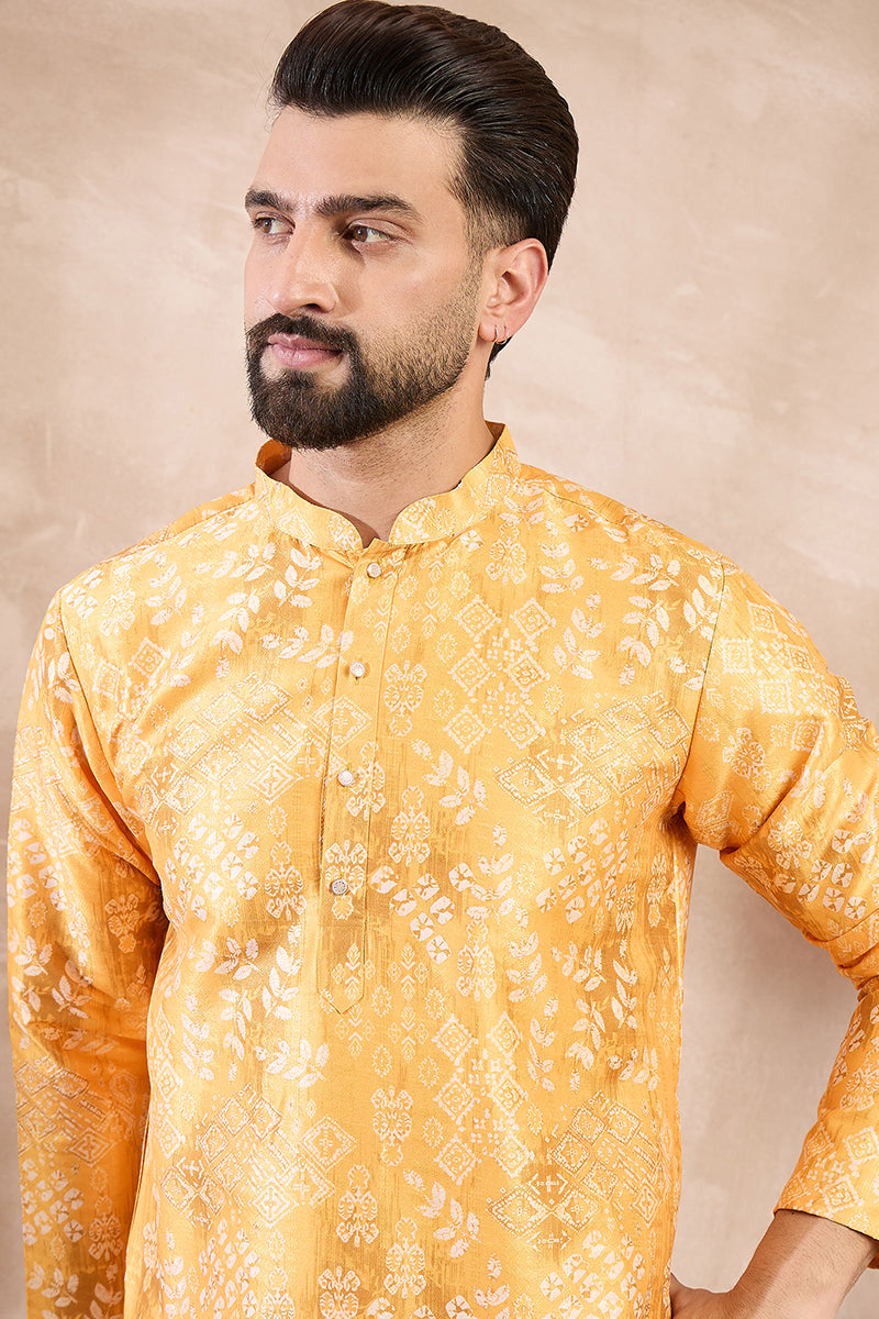 Yellow Silk Blend Ethnic Motifs Printed Straight Kurta For Men | SHOBITAM
