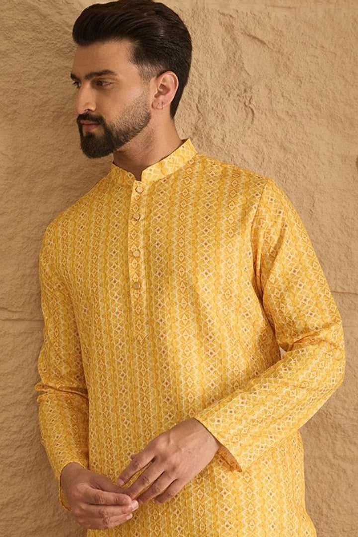 Yellow Silk Blend Geometric Embroidered Straight Kurta with Trouser  | SHOBITAM