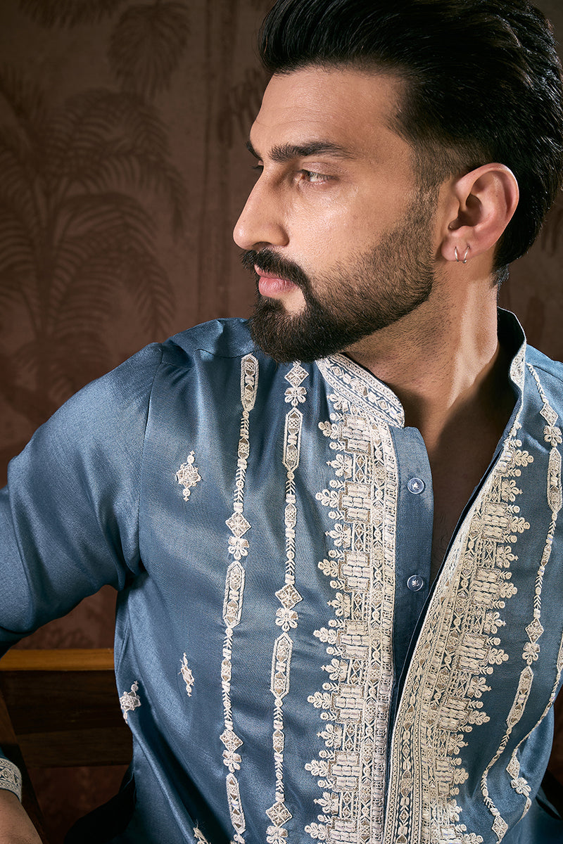 Blue Silk Blend Solid Embroidered Straight Kurta For Men | SHOBITAM