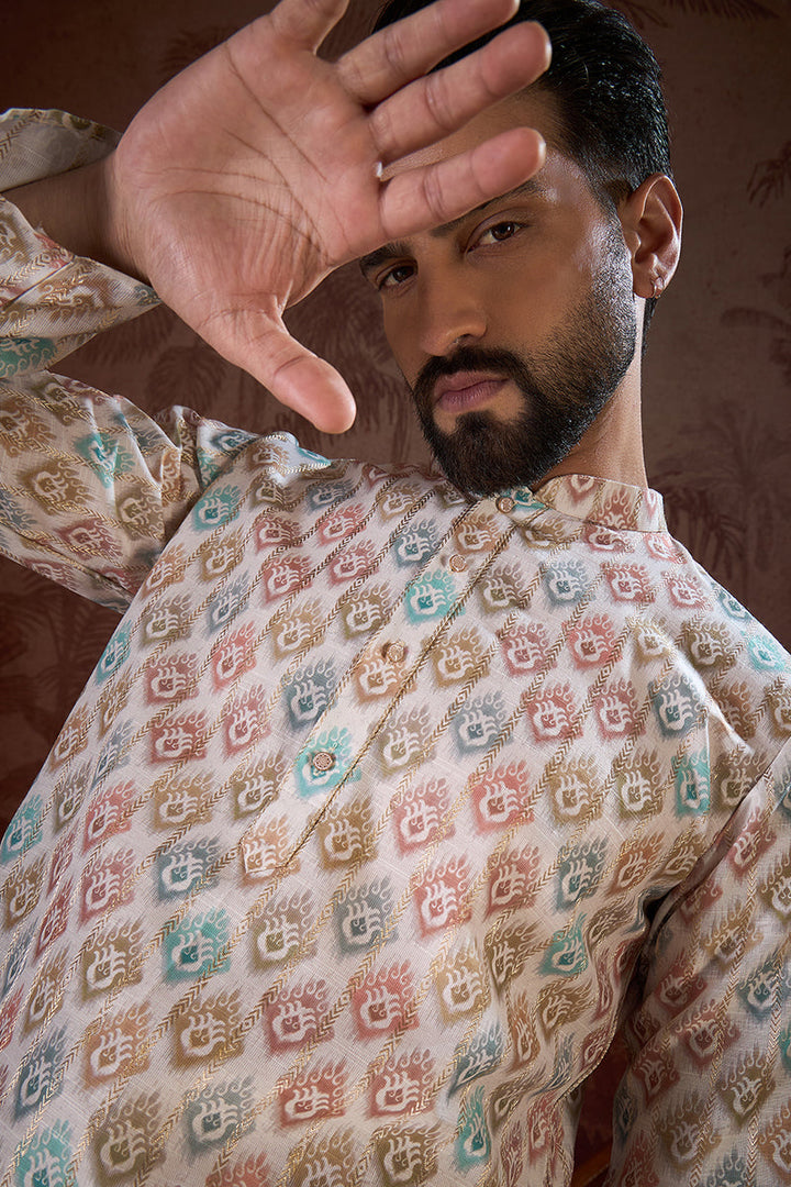 White Silk Blend Ethnic Motifs Printed Straight Kurta With Trouser | SHOBITAM