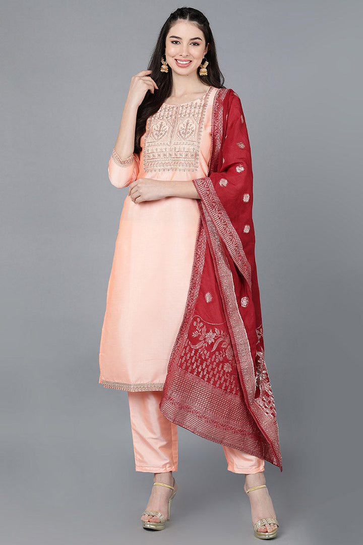 Peach Poly Silk A-Line Kurta Pant With Dupatta  | SHOBITAM