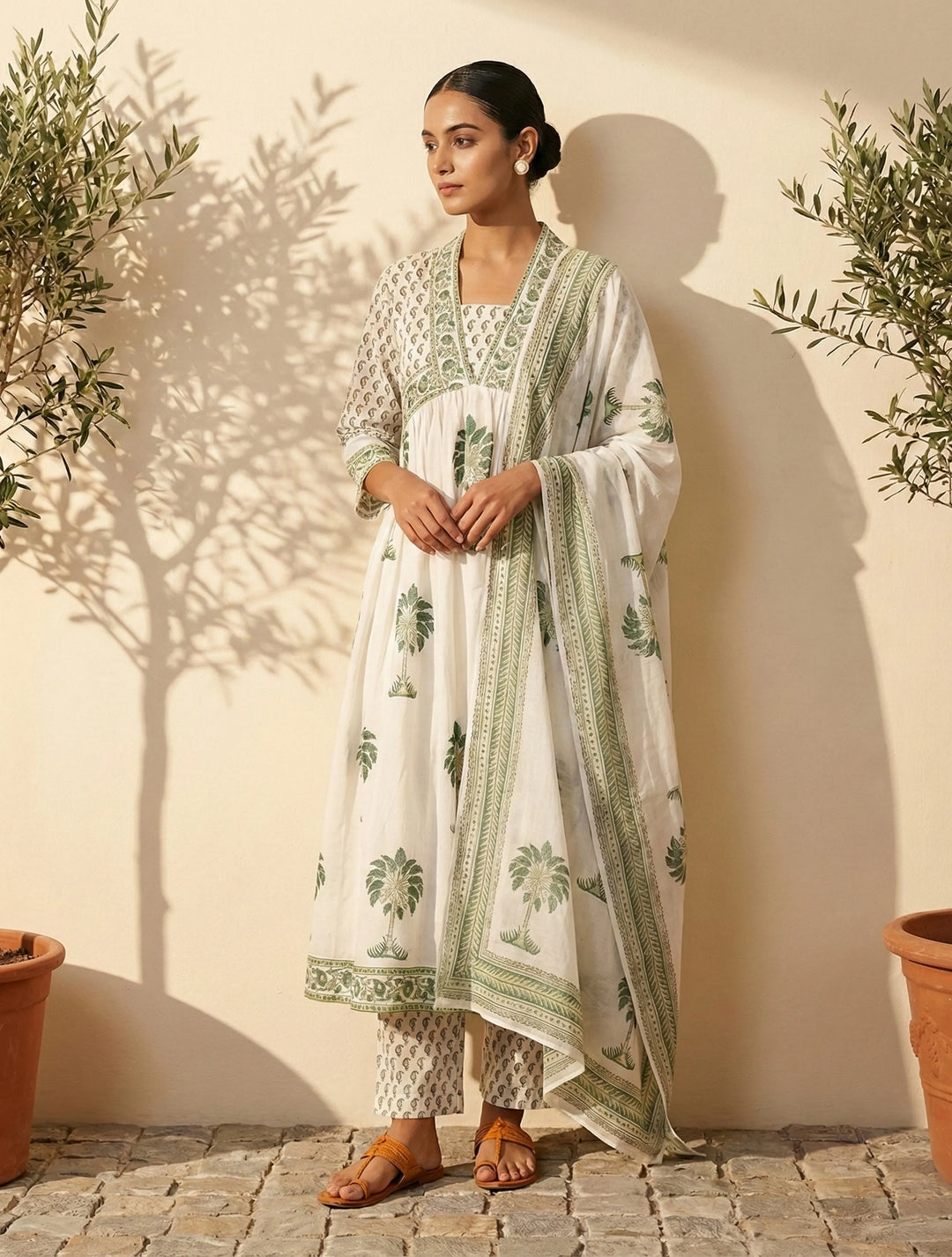 White Green Printed Anarkali Kurta Pant Dupatta Set | SHOBITAM