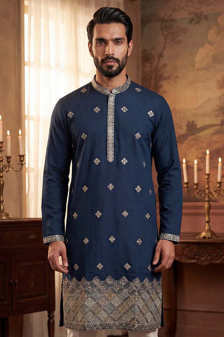 Silk Blend Blue Solid Embroidered Calf Length Straight Kurta | SHOBITAM