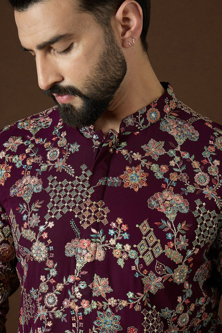 Wine Georgette Solid Embroidered Straight Kurta | SHOBITAM