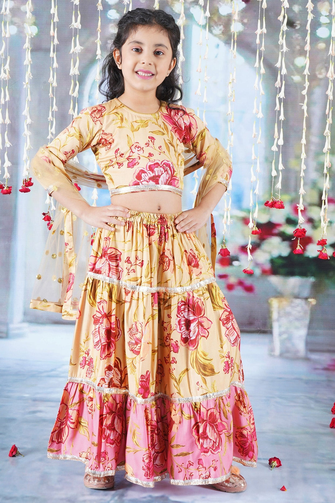 Modern Rose Print Lehenga with Panel and lace work with Blouse and Dupatta | SHOBITAM
