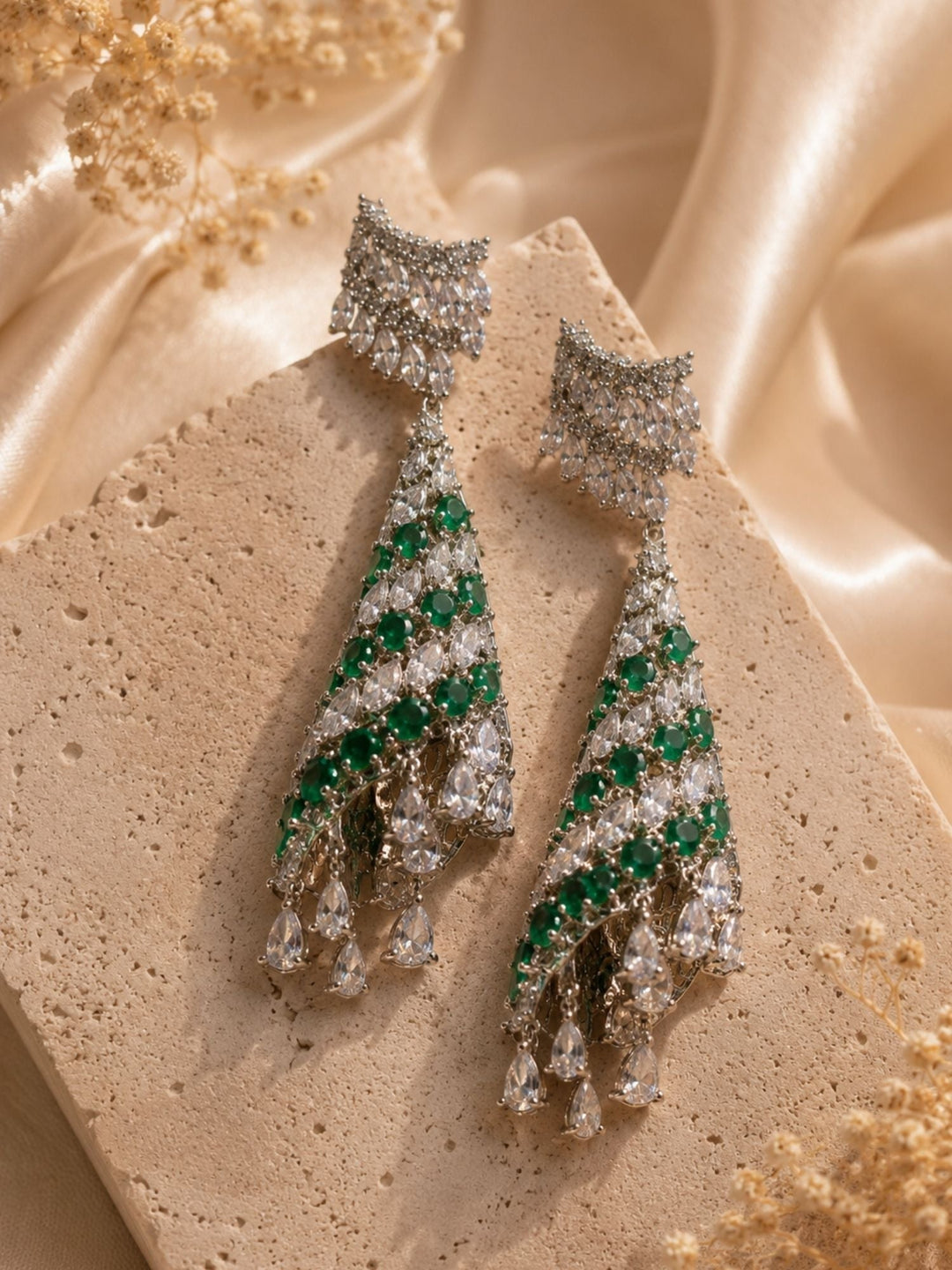 Emerald Green CZ Long Earrings in Silver Finish – Party Wear | SHOBITAM