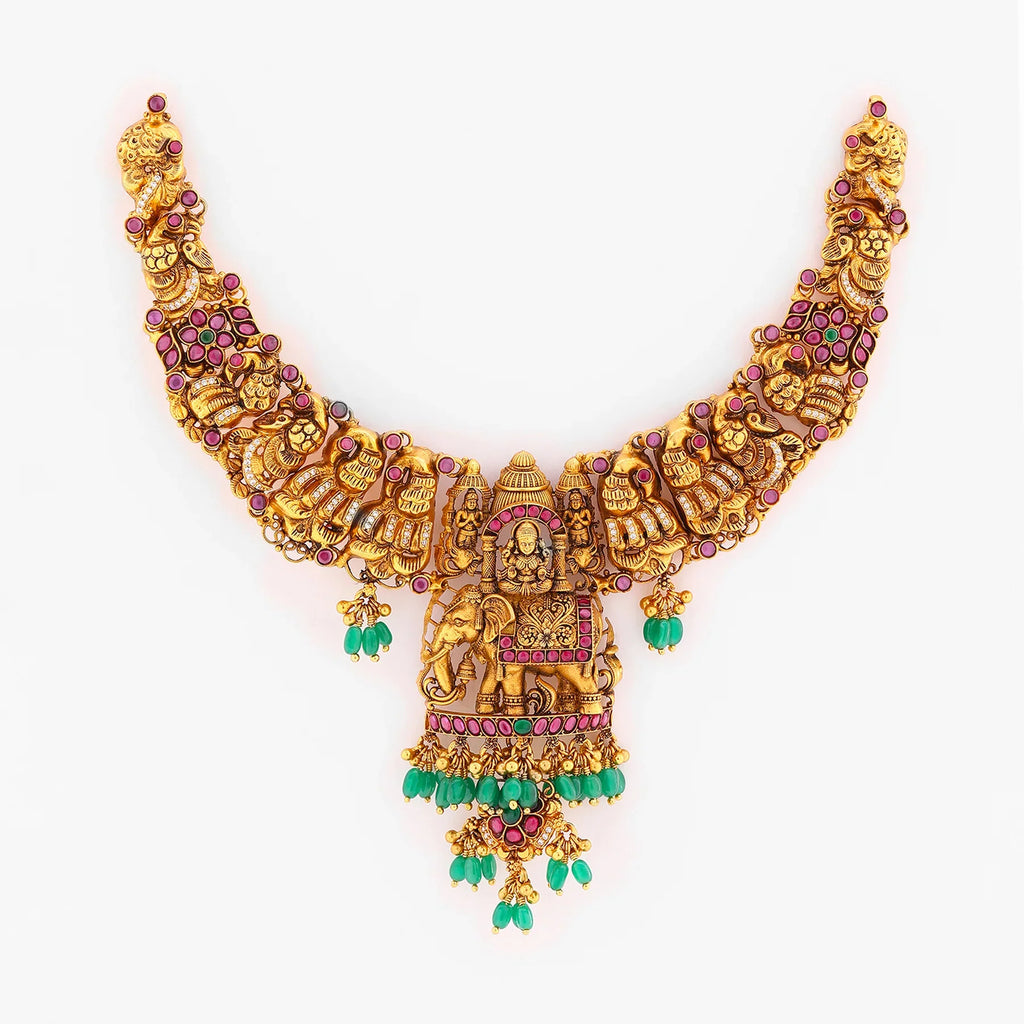Pure Silver, Gold Plated Gajavalli Short Necklace – Shobitam