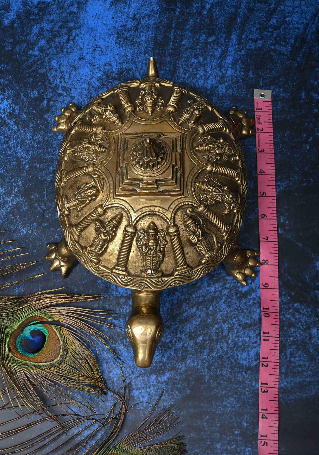 12" Brass Dashavataram Vaastu Turtle for Table Top Decor with 3D Lakshmi Yantra