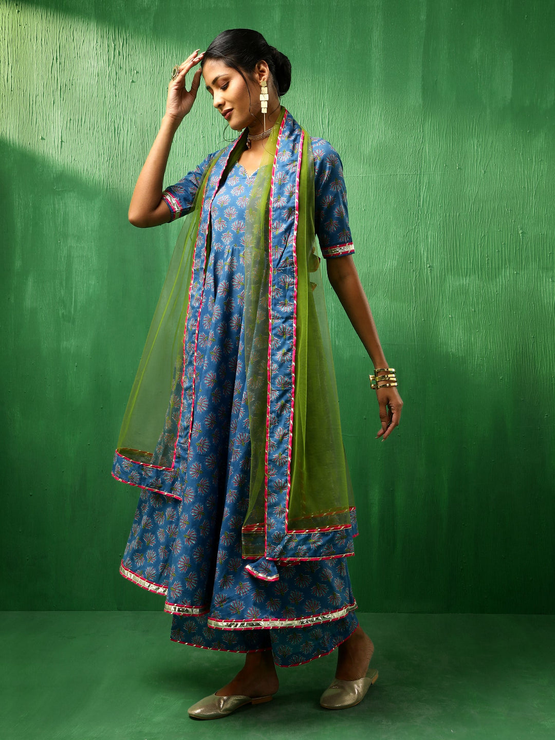 ADAA LOTUS BLUE COTTON ANARKALI SET | SHOBITAM