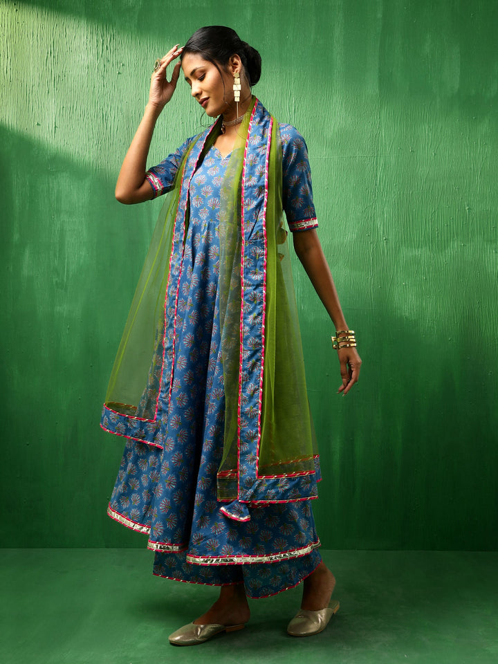 ADAA LOTUS BLUE COTTON ANARKALI SET | SHOBITAM