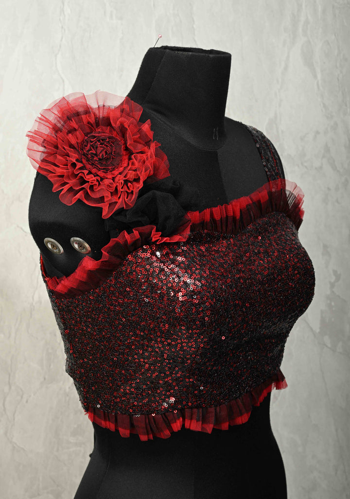 SIZE 36" Red & Black Sequin Corset Strappy Crop Top Blouse with Ruffled 3D Flower Detail and Lace-Up Back