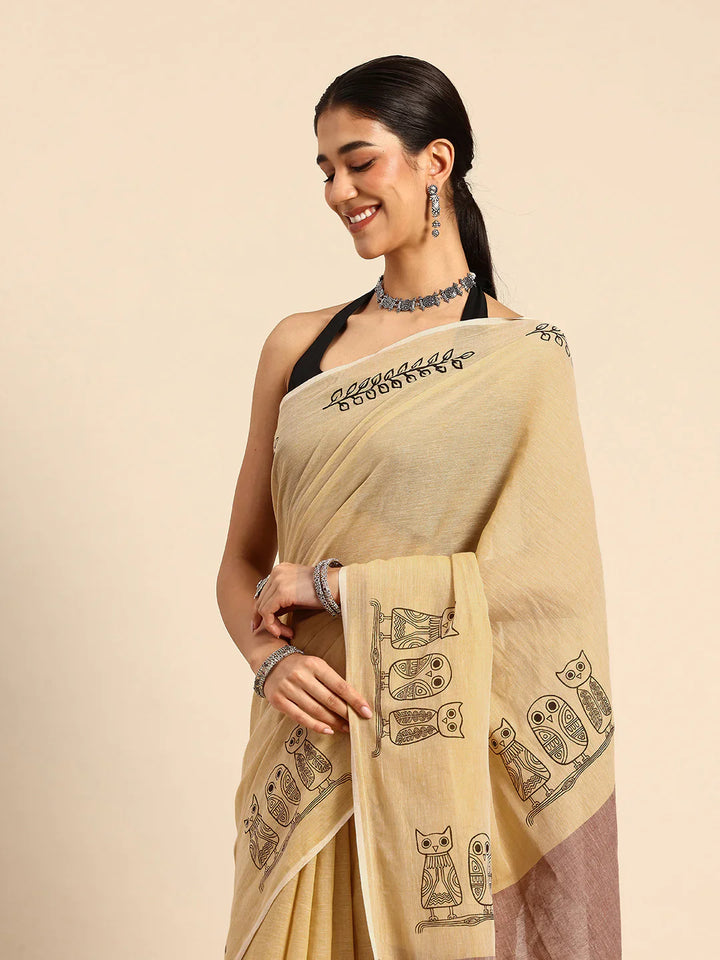 Beige Handloom Owl Print Soft Cotton Saree