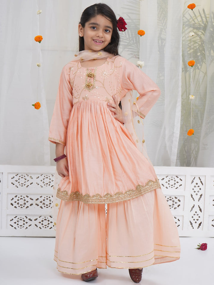 Girls Peach Chanderi Semi-Silk Floral Embroidery Kurta Sharara Set with Dupatta | SHOBITAM