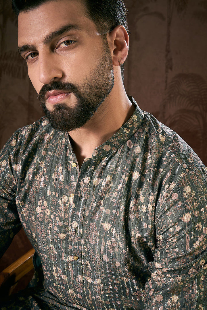 Olive Silk Blend Floral Printed Straight Kurta For Men | SHOBITAM