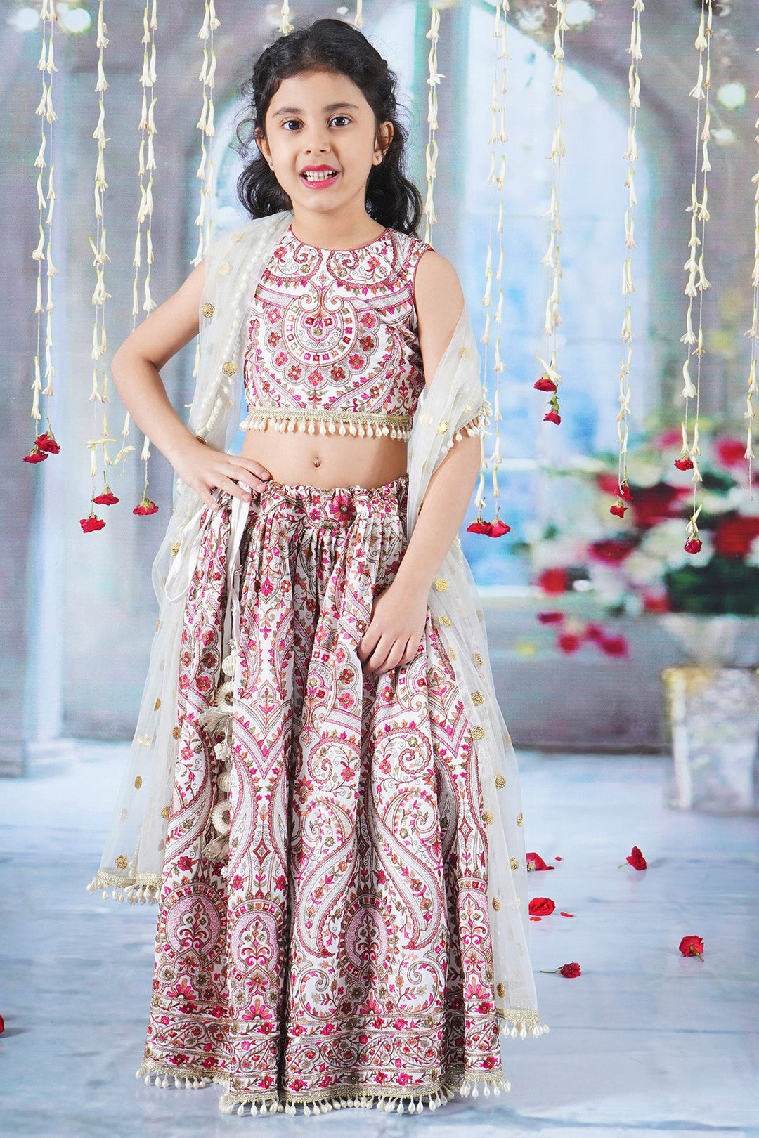 Girls Multi color Mughal Pattern Floral Thread work Cream Lehenga with Blouse and Dupatta with Pearl Detailing and Hand made Tassel | SHOBITAM