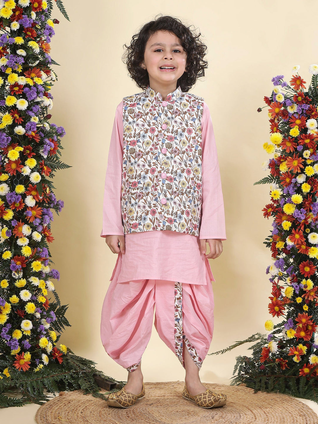 White Floral Bloom Nehru Jacket with Cotton Pink Kurta Dhoti Set | SHOBITAM