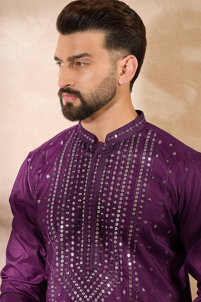Purple Silk Blend Geometric Embroidered Straight Kurta With Trouser | SHOBITAM