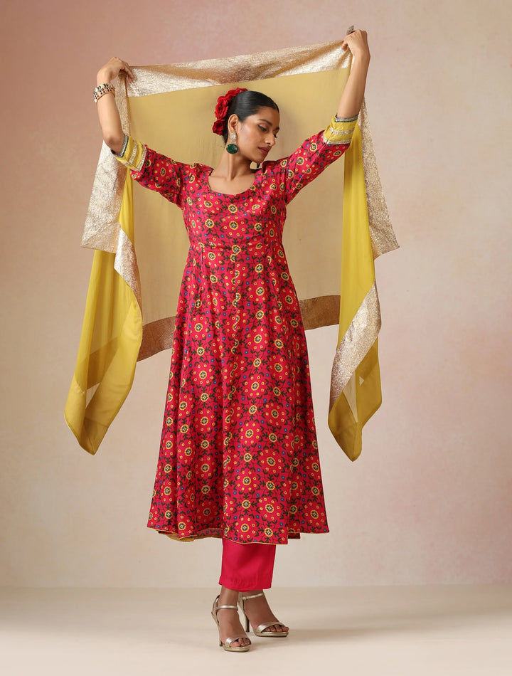 Pink Green Floral Print Viscose Anarkali Kurta Pants Dupatta Set | SHOBITAM