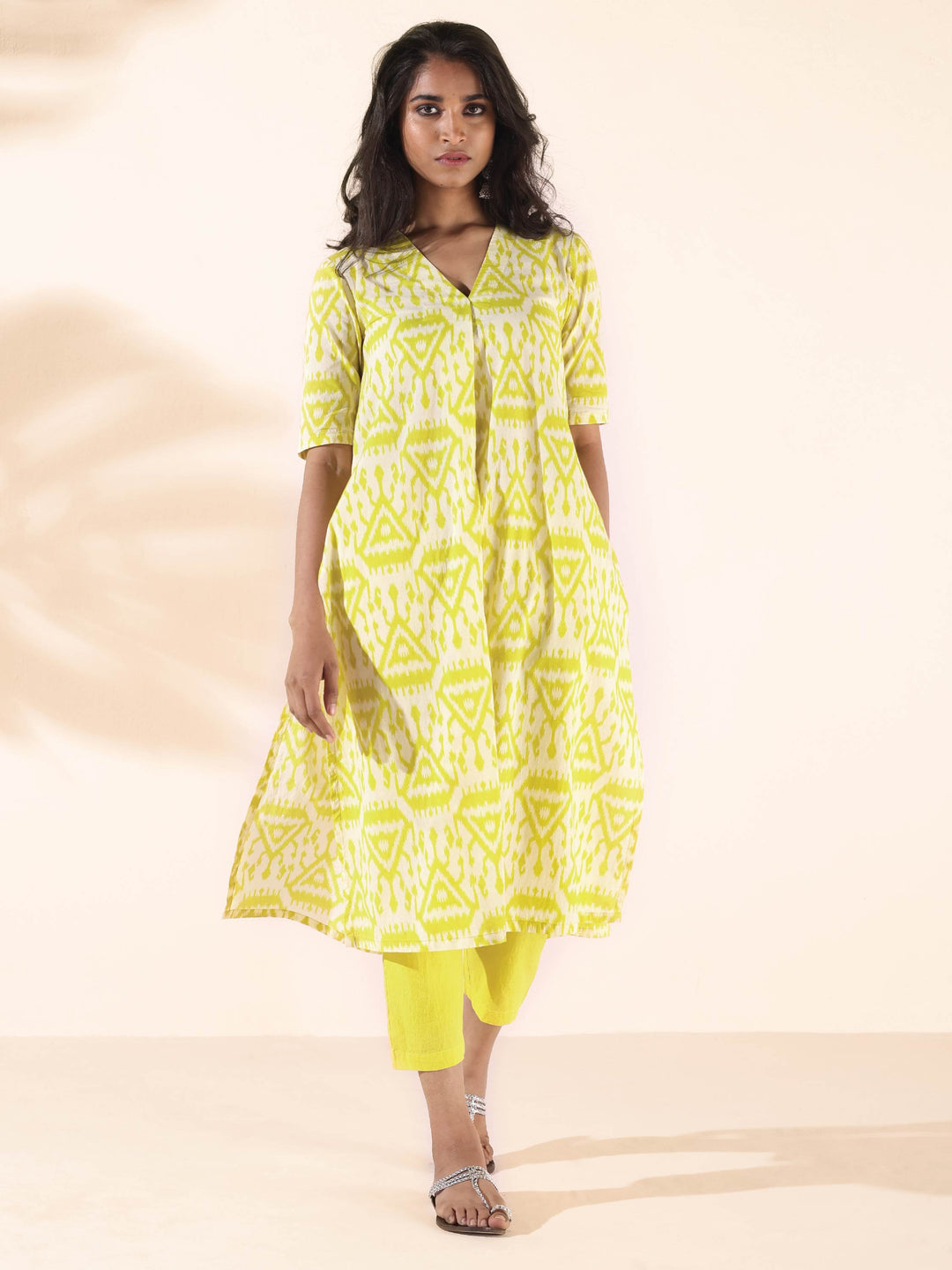 Lime Cotton Ikat Kurta Pant Set | SHOBITAM
