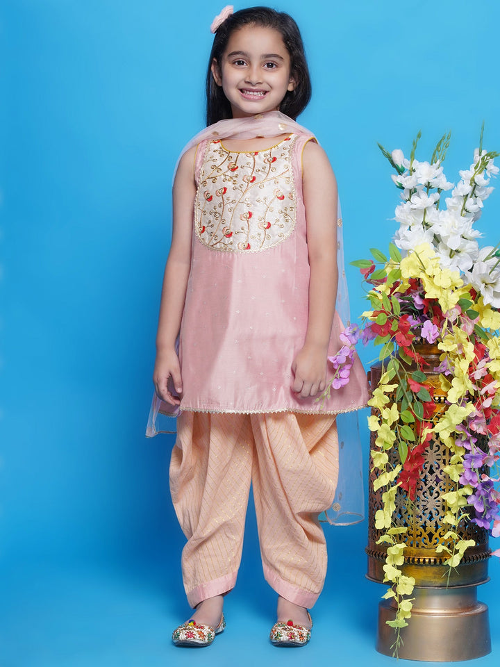 Chanderi Silk Tulip Kurta with Dhoti Salwar & Dupatta - Peachish Pink | SHOBITAM