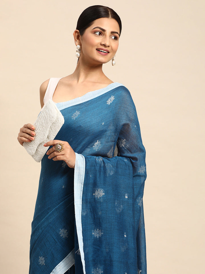 Blue Pure Cotton Saree with Minimal Border and Blouse piece