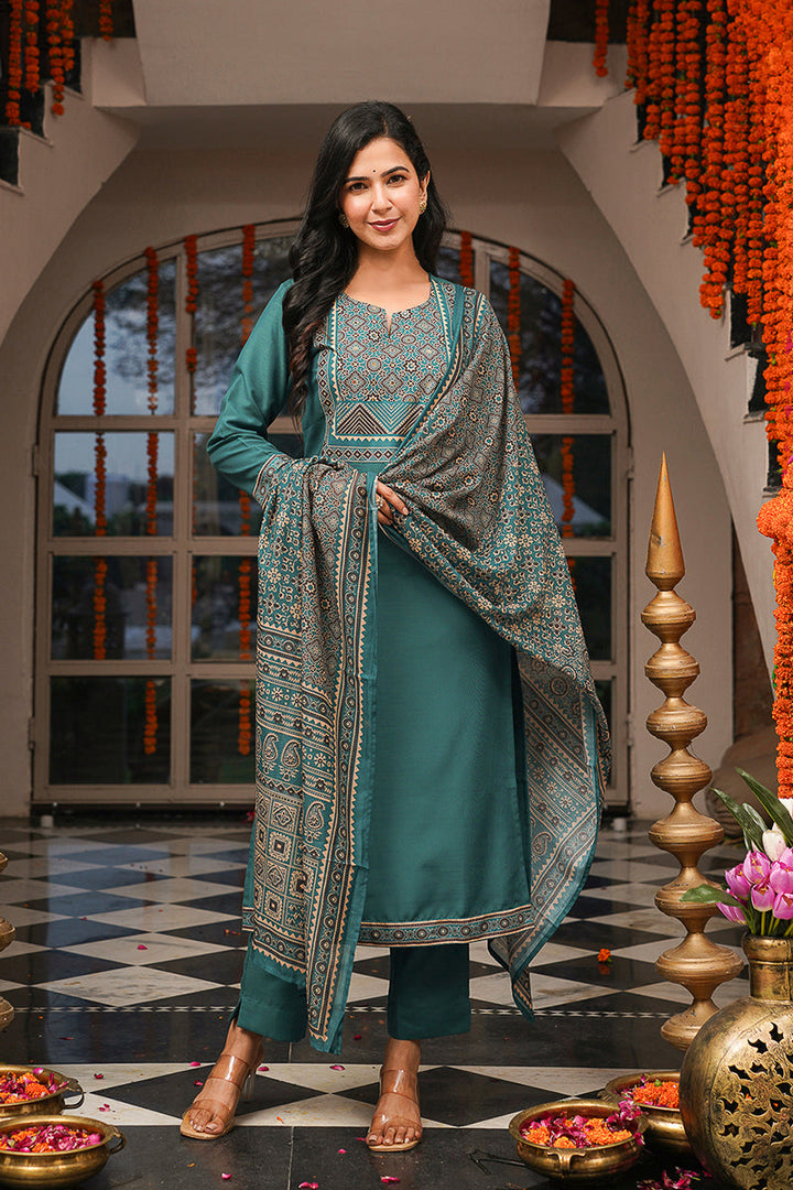 Teal Rayon Blend Ajrakh Printed Straight Kurta Trousers With Dupatta | SHOBITAM