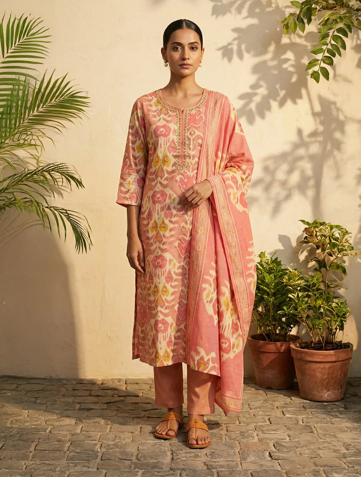 Peach Ikat Print Embroidered Kurta Pant Dupatta Set | SHOBITAM
