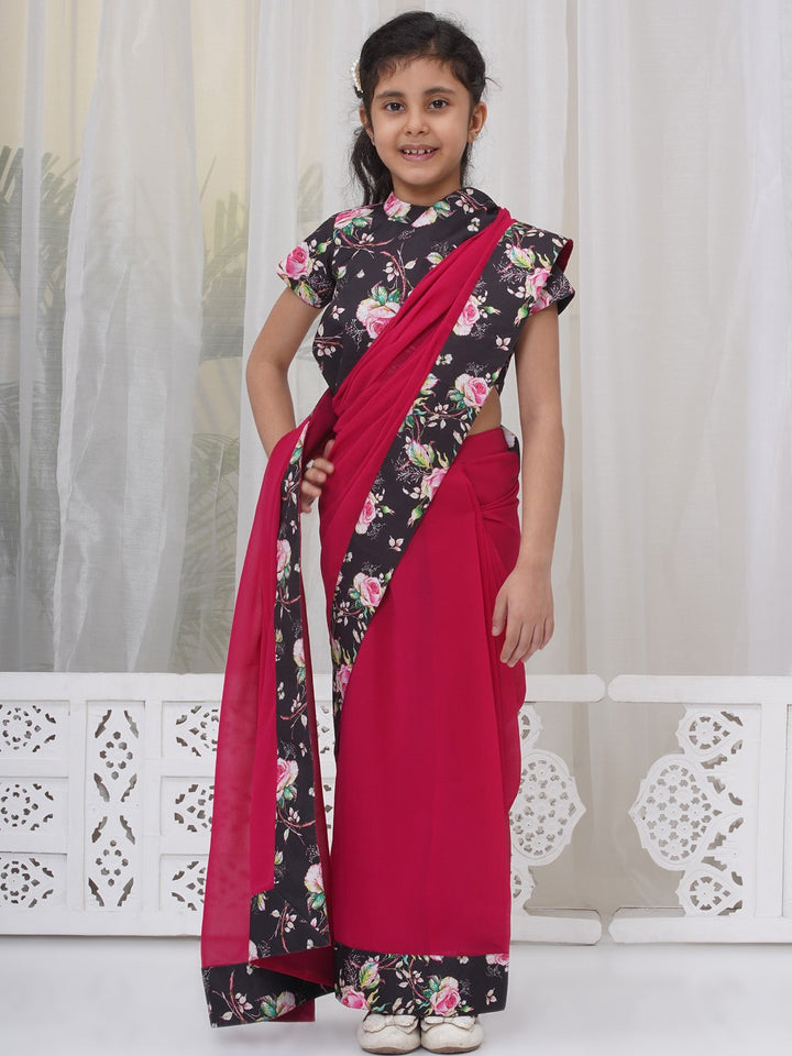 Girls Cotton Short Sleeves Floral Print Ready to wear Blouse with Ready to wear Georgette Saree -Rani | SHOBITAM