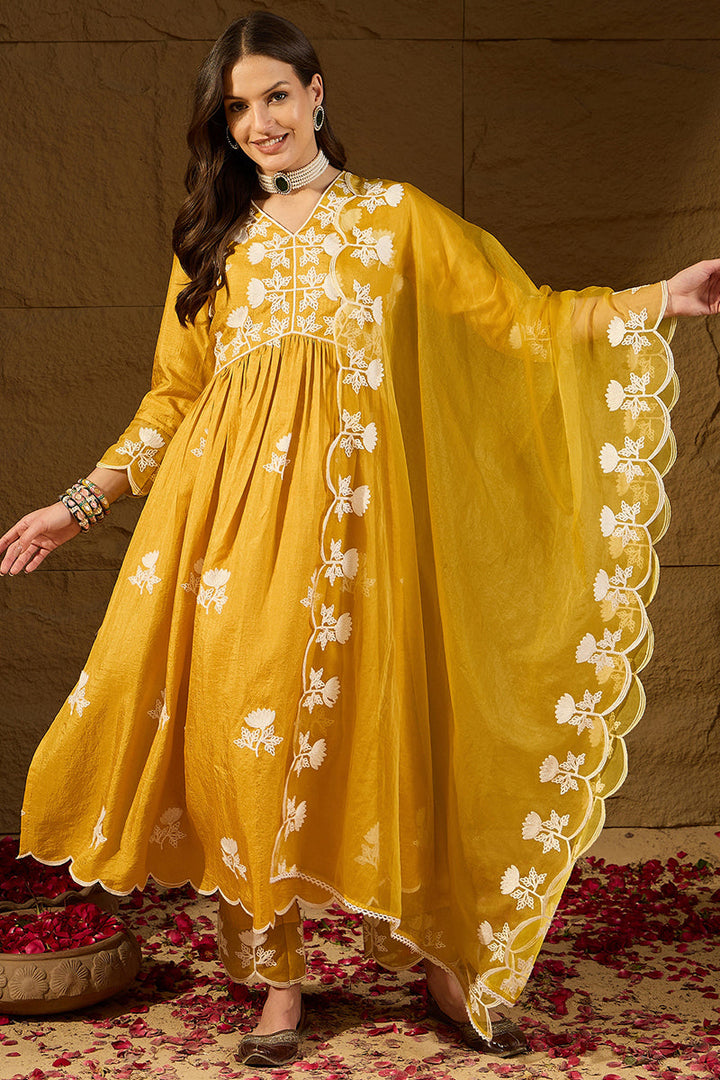 Yellow Silk Blend Solid Embroidered A-Line Kurta Trouser With Dupatta | SHOBITAM