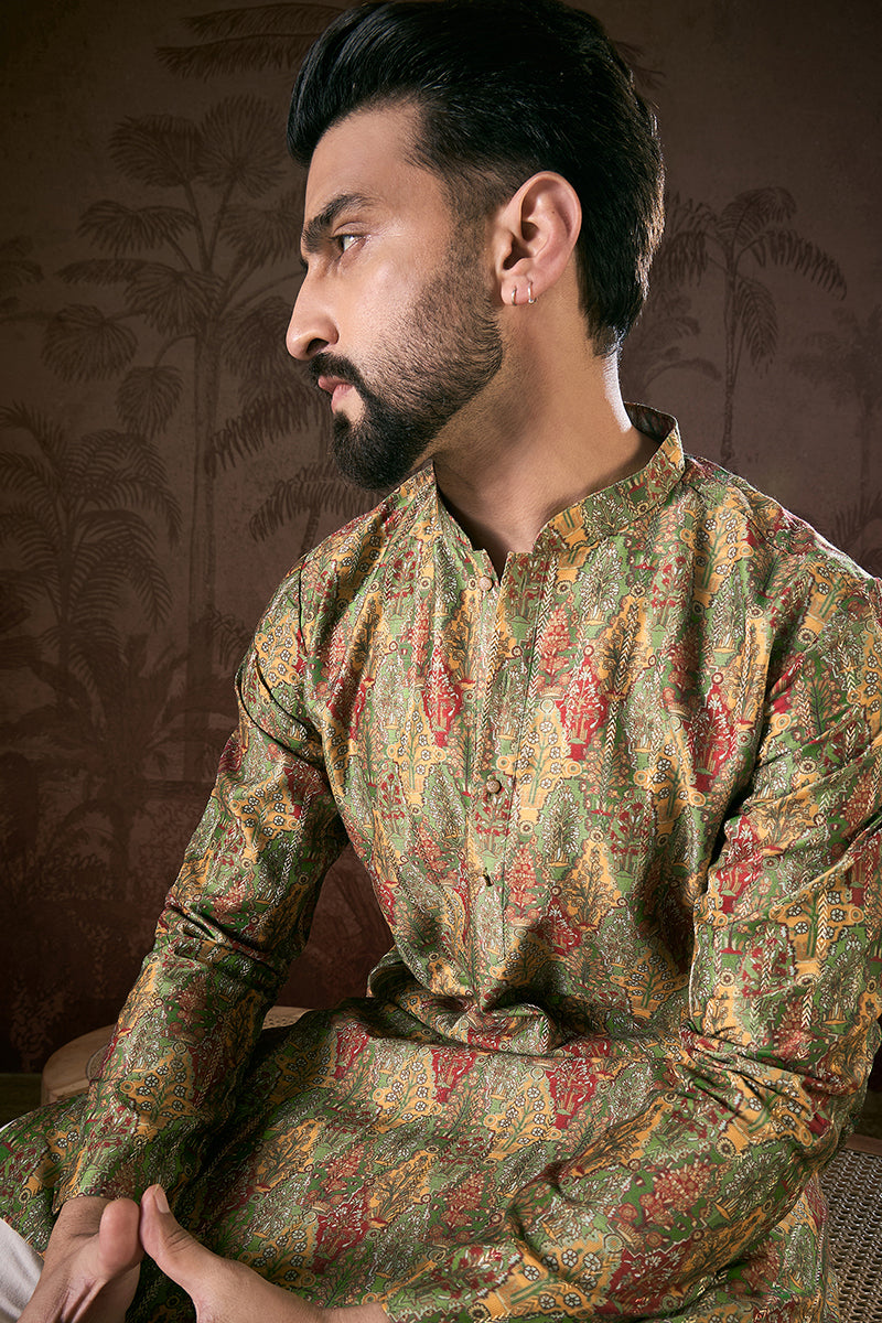 Green Silk Blend Floral Printed Straight Kurta With Trouser | SHOBITAM