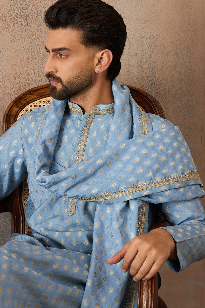 Men Blue Jacquard Woven Design Floral Straight Kurta Sets | SHOBITAM