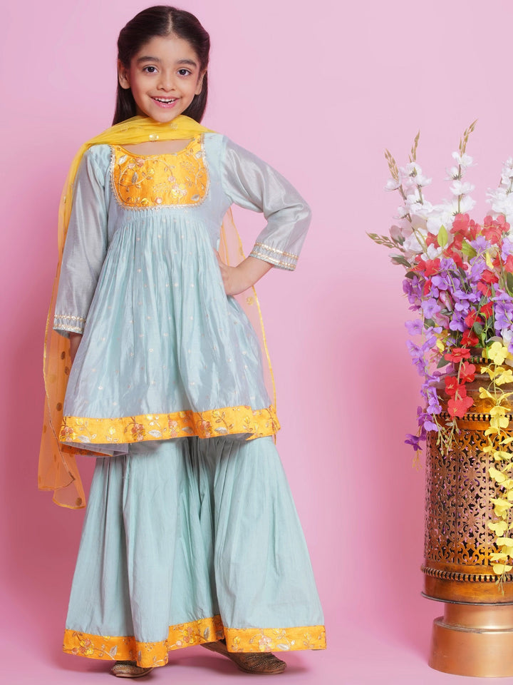 Girls Chanderi Semi-Silk Sleeveless Floral Embrodiery Kurta Frock with Sharara and Dupatta - Dolphin Green | SHOBITAM