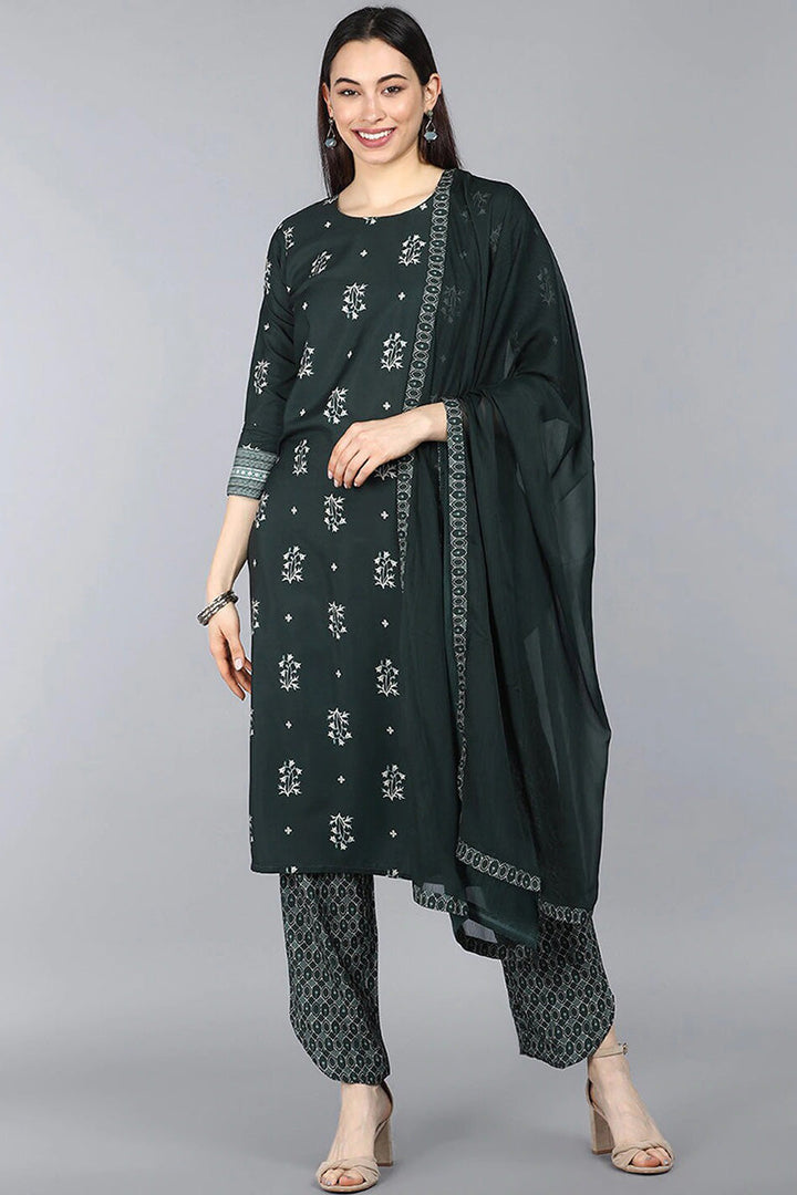 Dark Green Poly Crepe Floral Printed Straight Suit Set | SHOBITAM