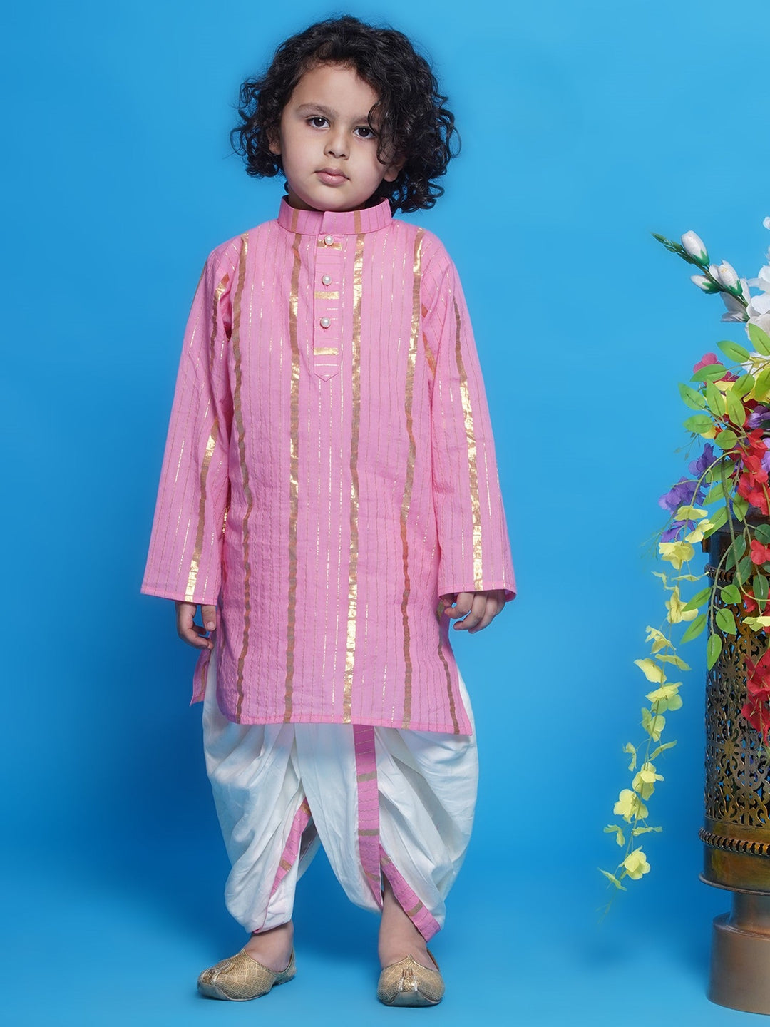 Gulabi Kurta Dhoti with Golden Strips - Pink | SHOBITAM