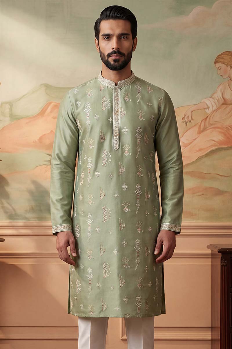 Mens Green Silk Blend Solid Embroidered Kurta With Trousers | SHOBITAM