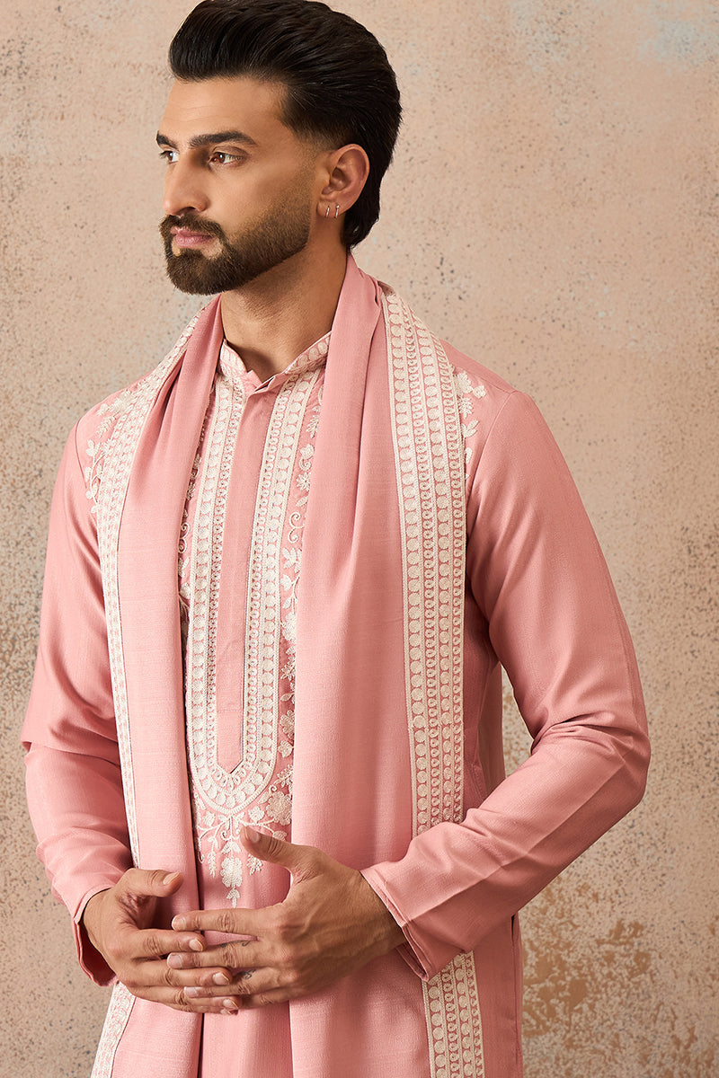 Mens Peach Silk Blend Solid Embroidered Kurta Trouser With Dupatta | SHOBITAM