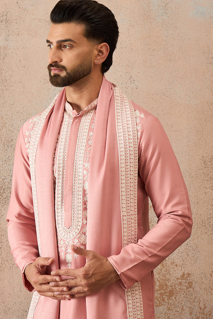 Mens Peach Silk Blend Solid Embroidered Kurta Trouser With Dupatta | SHOBITAM