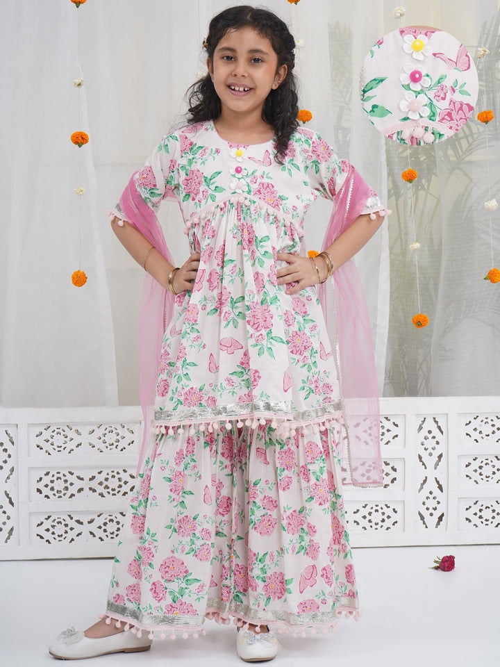 Girls Light Pink Cotton Floral Butterfly Kurta Sharara set with Pom Pom Lace & Floral Handwork with Dupatta | SHOBITAM