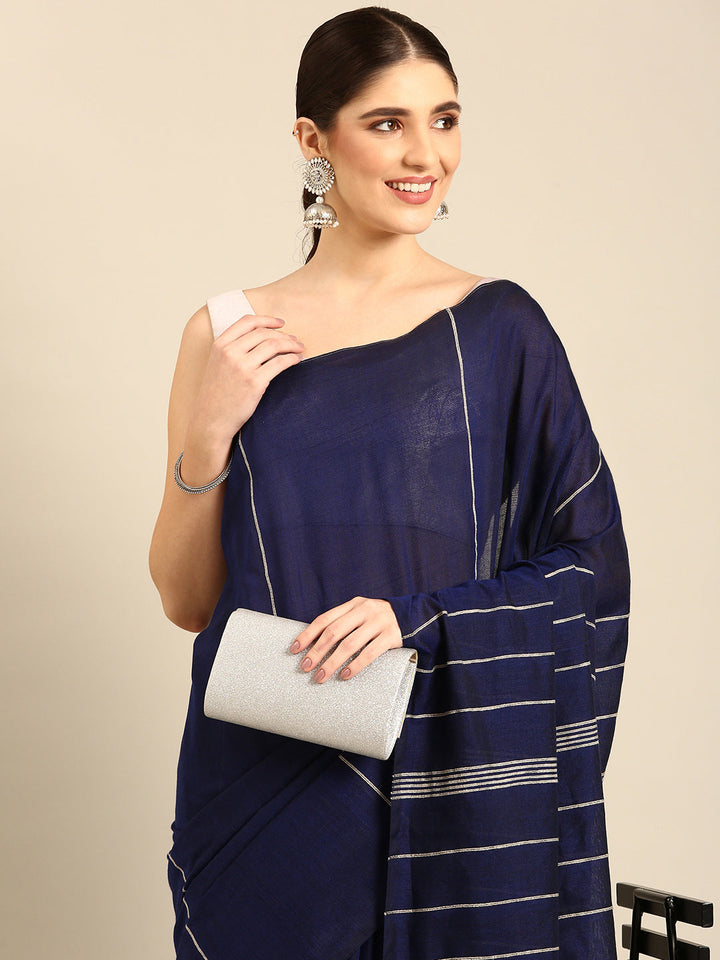 Blue Pure Cotton Saree with Long Tassels and Blouse piece