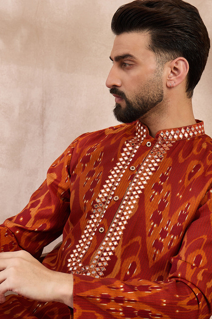 Orange Silk Blend Chevron Printed Straight Kurta With Trouser | SHOBITAM