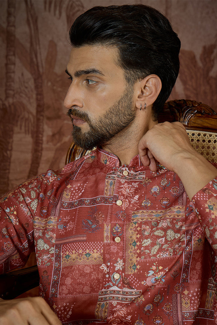 Mens Silk Blend Pink Abstract Printed Kurta | SHOBITAM