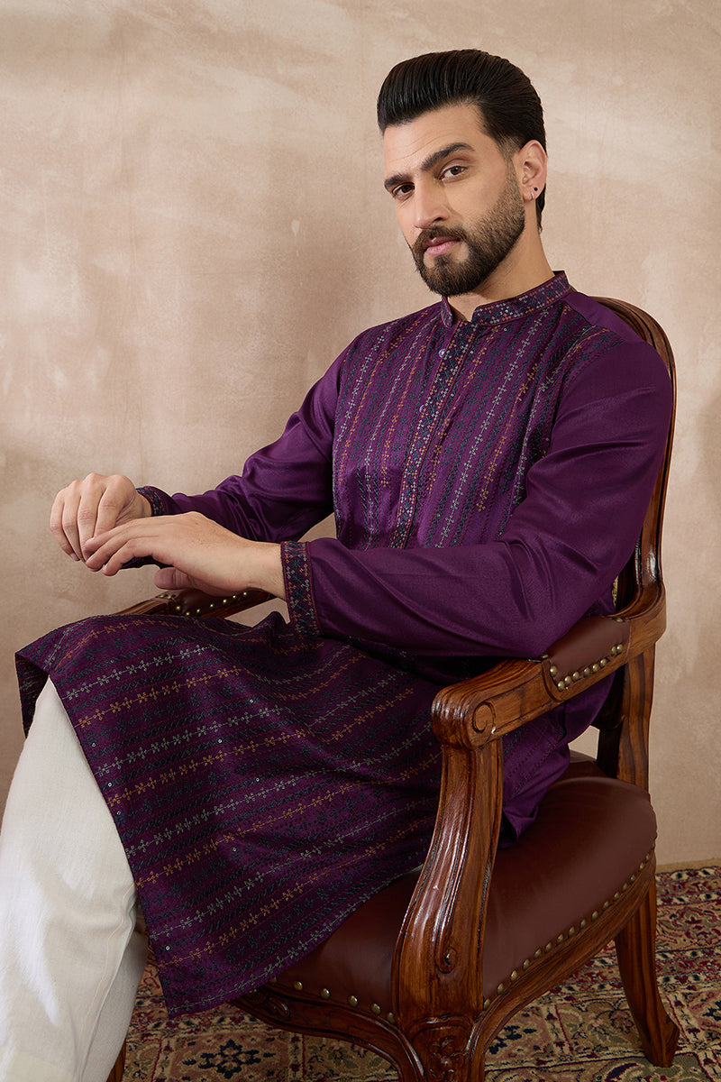 Purple Silk Blend Embroidered Mandarin Collar Straight Kurta With Trouser | SHOBITAM