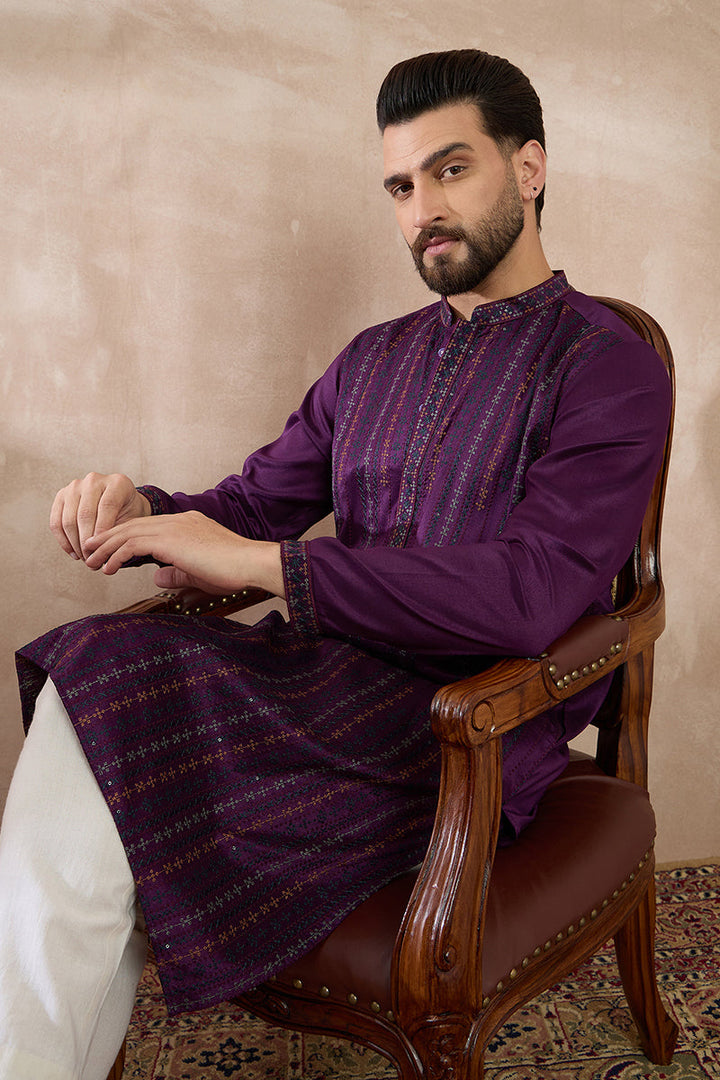 Purple Silk Blend Embroidered Mandarin Collar Straight Kurta With Trouser | SHOBITAM