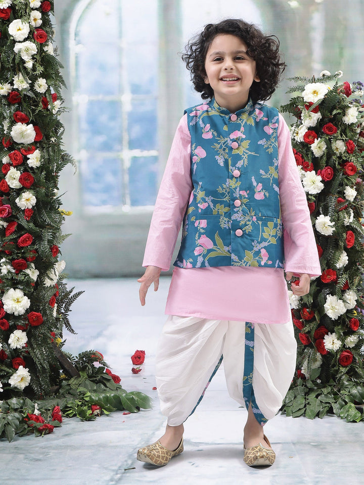 Turquoise Green Floral Nehru Jacket with Cotton Kurta Dhoti Set | SHOBITAM